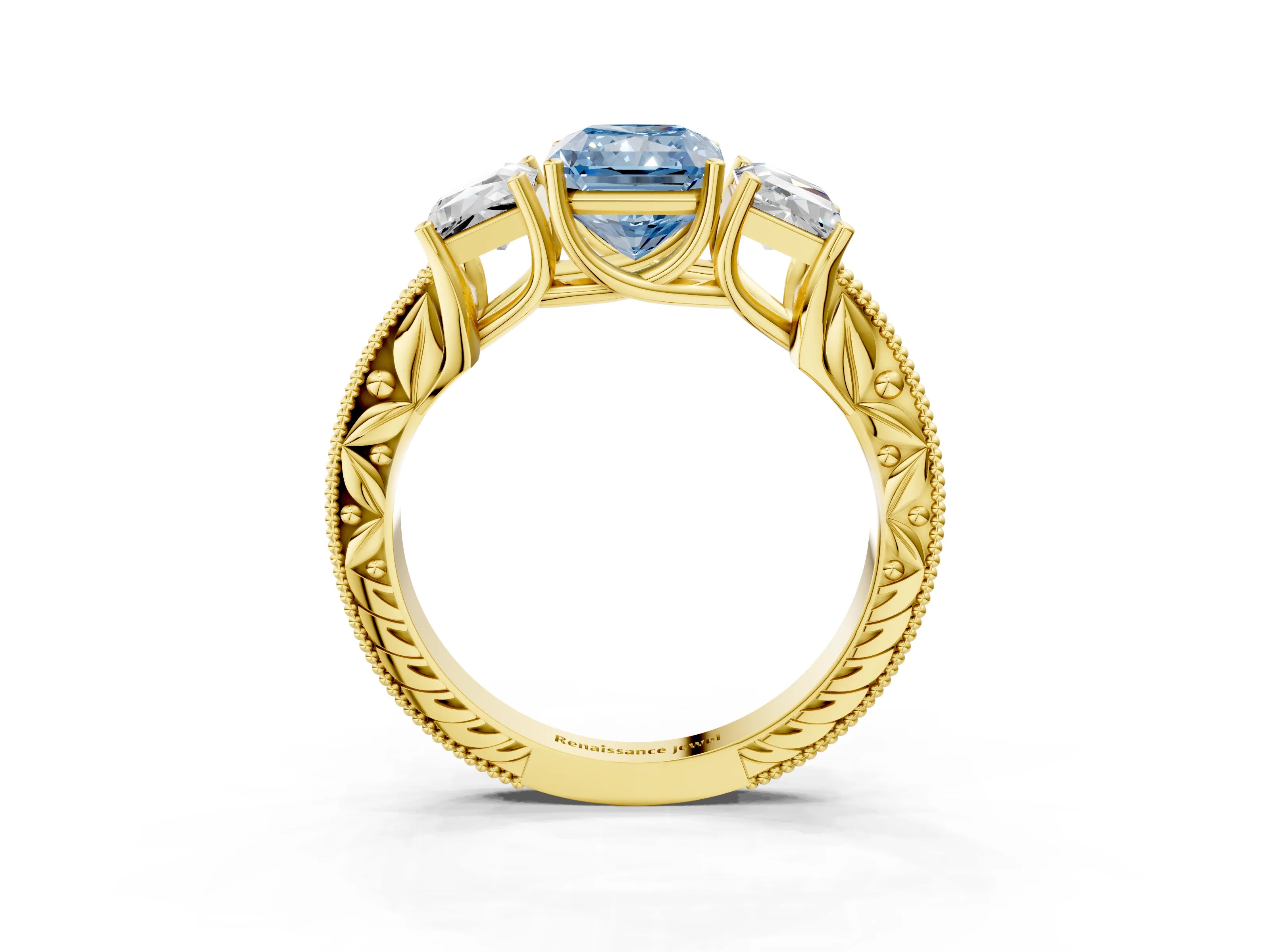 Yellow gold Three-Stone Fancy Blue Radiant Cut Cut Milgrain Pavé Engagement Ring_15