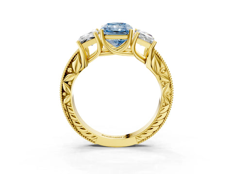 Yellow gold Three-Stone Fancy Blue Radiant Cut Cut Milgrain Pavé Engagement Ring_15