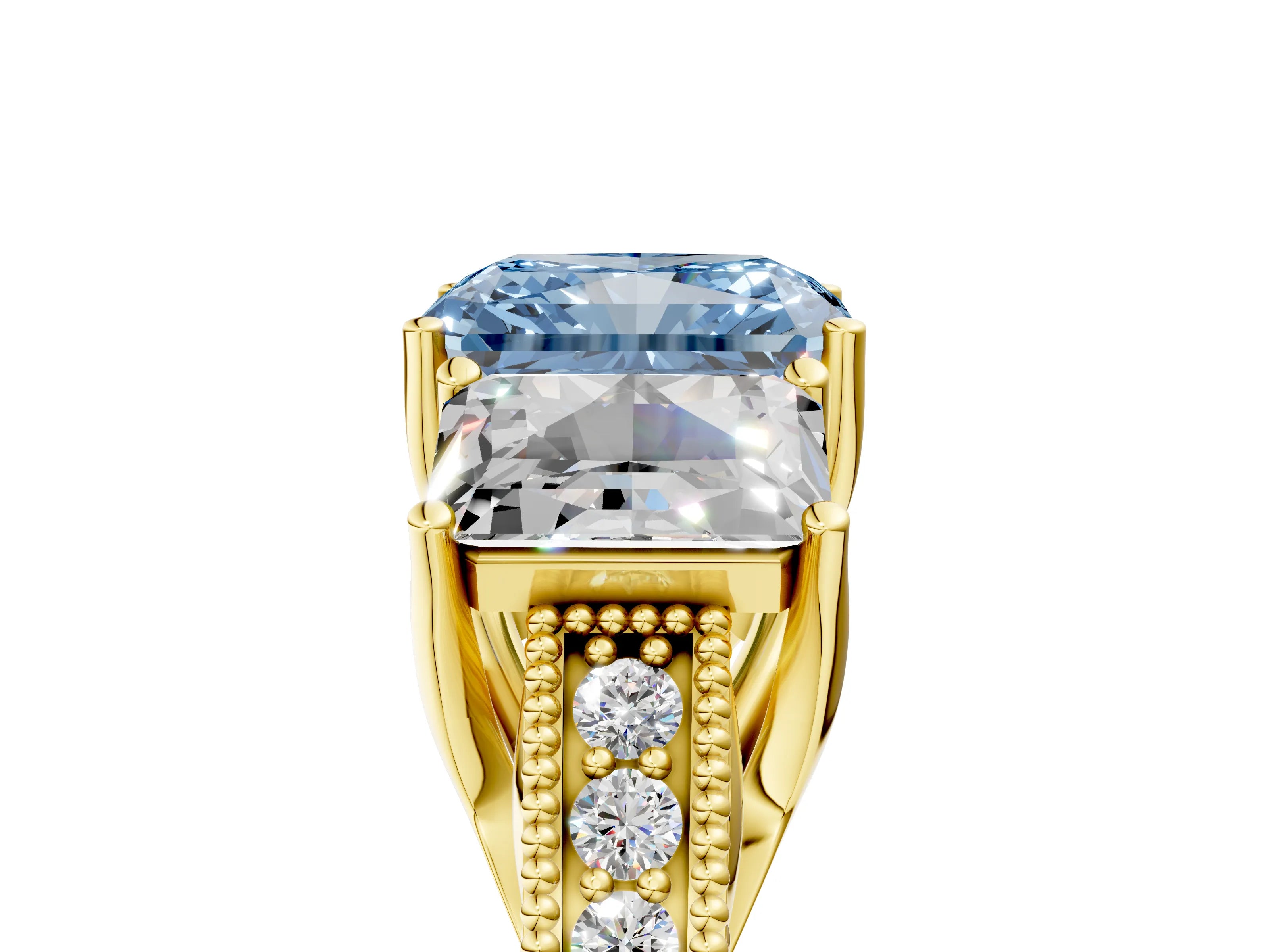 Yellow gold Three-Stone Fancy Blue Radiant Cut Cut Milgrain Pavé Engagement Ring_17