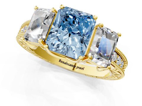 Yellow gold Three-Stone Fancy Blue Radiant Cut Cut Milgrain Pavé Engagement Ring_1