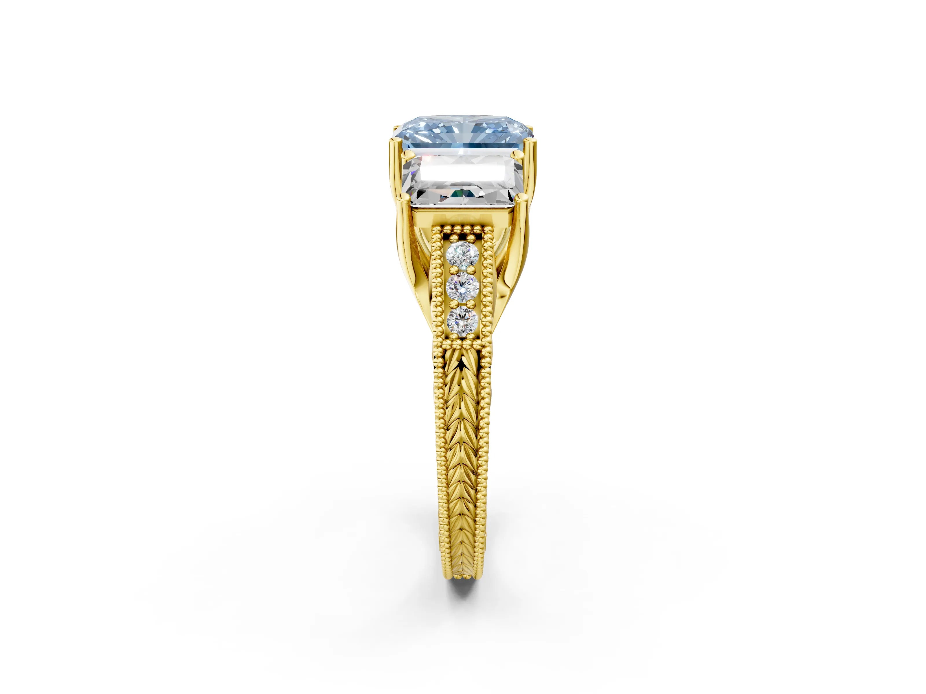 Yellow gold Three-Stone Fancy Blue Radiant Cut Cut Milgrain Pavé Engagement Ring_2