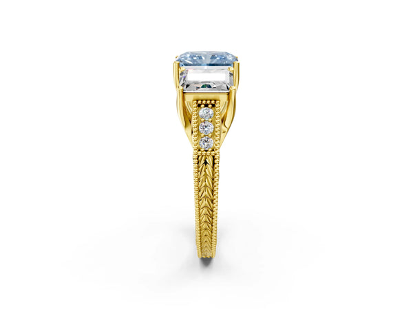 Yellow gold Three-Stone Fancy Blue Radiant Cut Cut Milgrain Pavé Engagement Ring