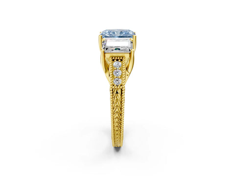 Yellow gold Three-Stone Fancy Blue Radiant Cut Cut Milgrain Pavé Engagement Ring_2