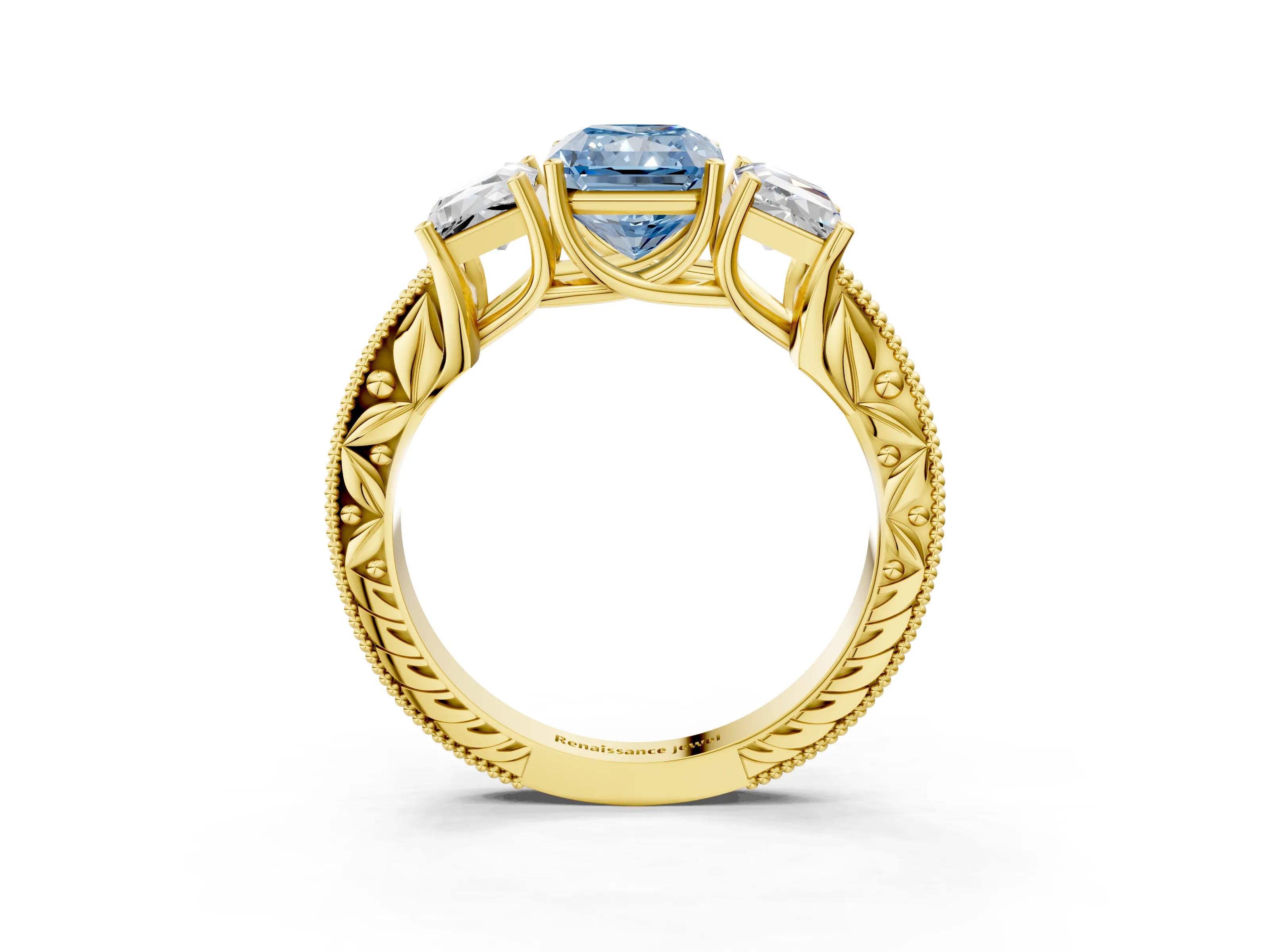 Yellow gold Three-Stone Fancy Blue Radiant Cut Cut Milgrain Pavé Engagement Ring_3