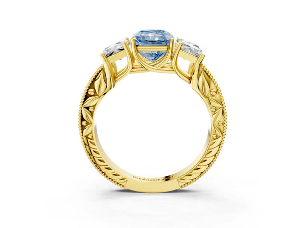 Yellow gold Three-Stone Fancy Blue Radiant Cut Cut Milgrain Pavé Engagement Ring