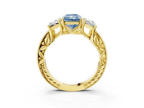 Yellow gold Three-Stone Fancy Blue Radiant Cut Cut Milgrain Pavé Engagement Ring_3