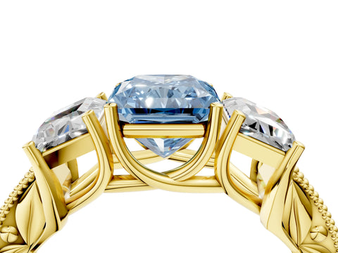 Yellow gold Three-Stone Fancy Blue Radiant Cut Cut Milgrain Pavé Engagement Ring_4
