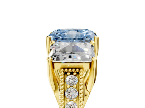 Yellow gold Three-Stone Fancy Blue Radiant Cut Cut Milgrain Pavé Engagement Ring_5