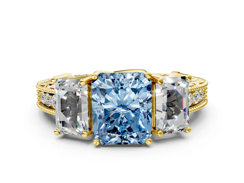 Yellow gold Three-Stone Fancy Blue Radiant Cut Cut Milgrain Pavé Engagement Ring