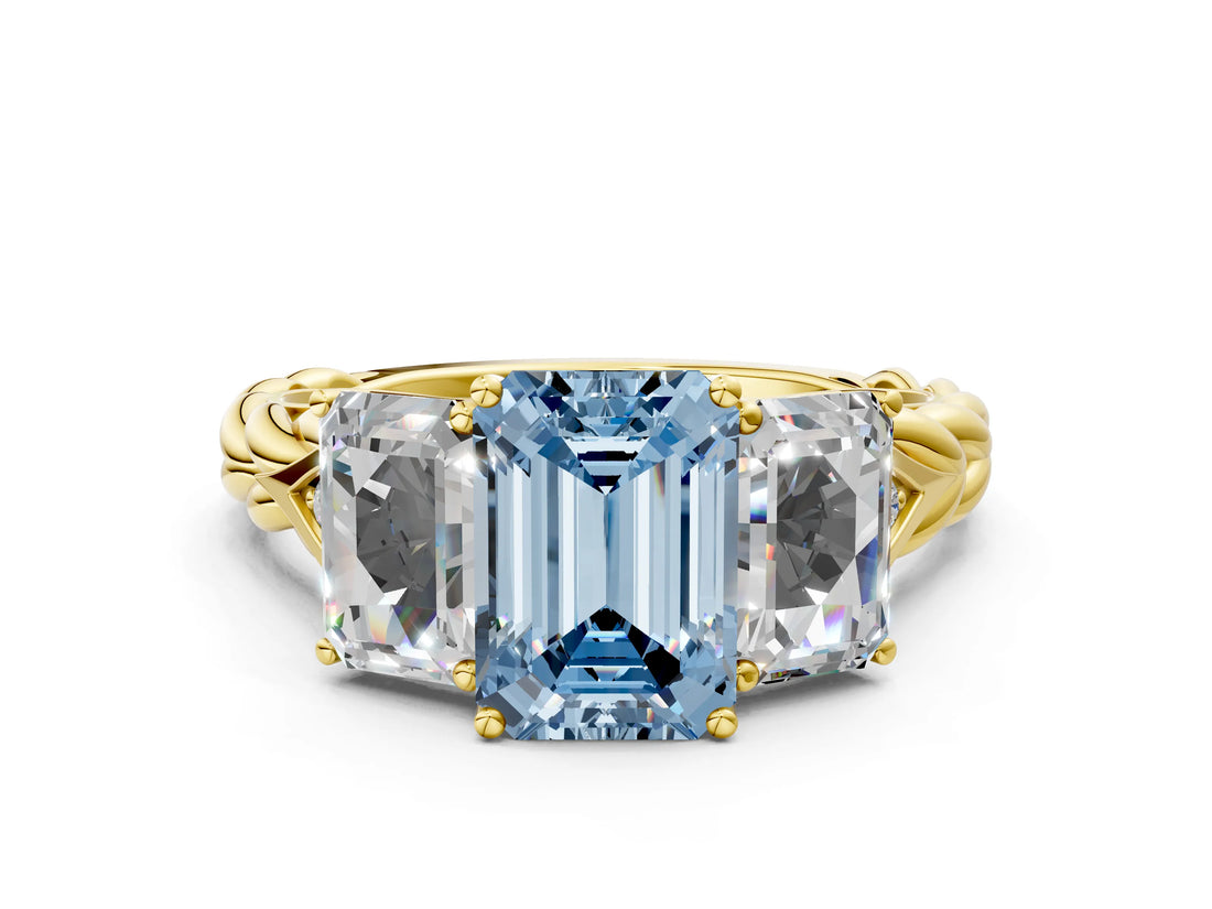 Yellow gold Three-Stone Fancy Blue Radiant Cut Diamond Braided Band Ring with Four-Prong Setting_102