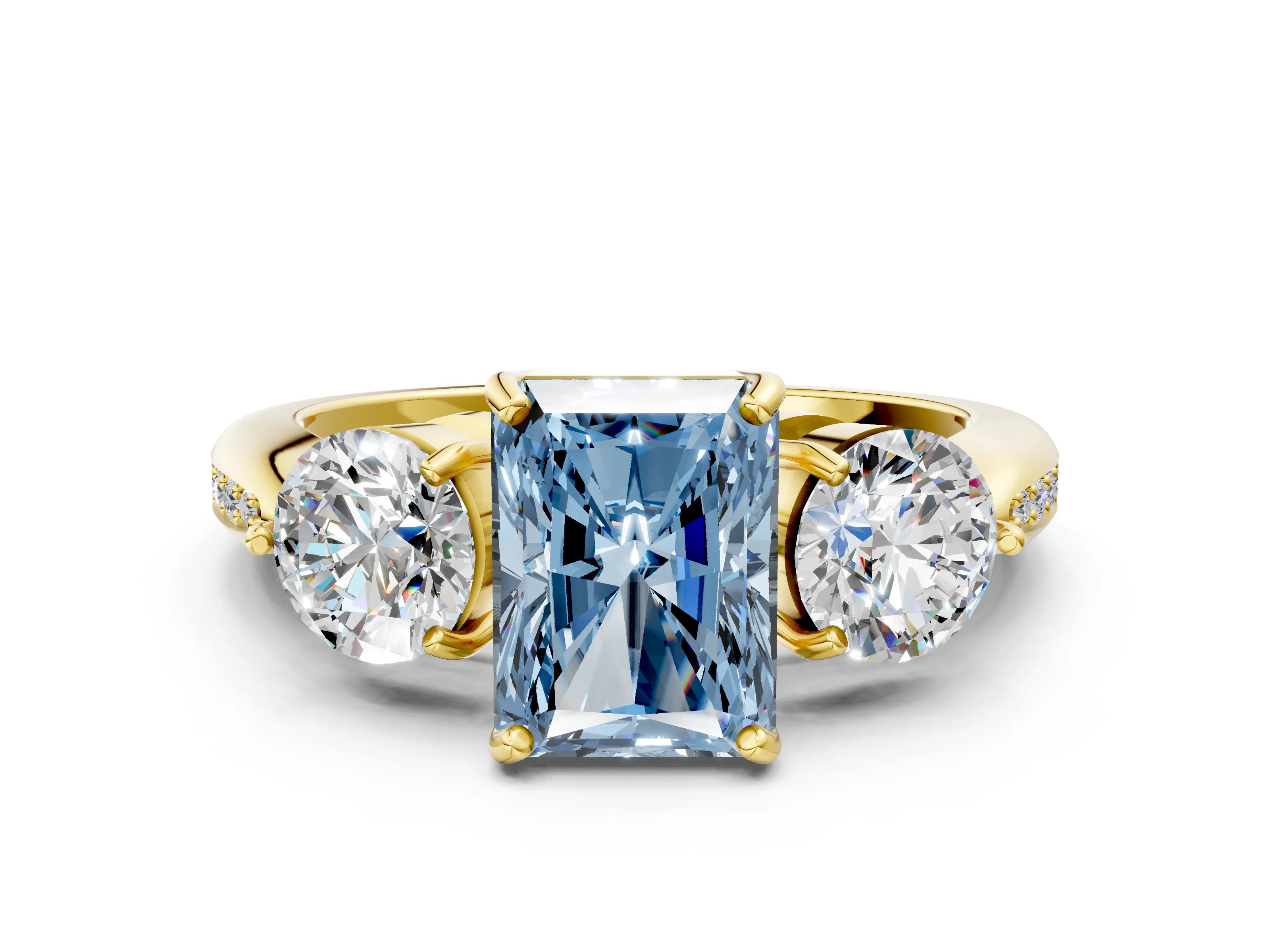 Yellow gold Three-Stone Fancy Blue Radiant Cut Diamond Channel Set Engagement Ring with Prong Setting