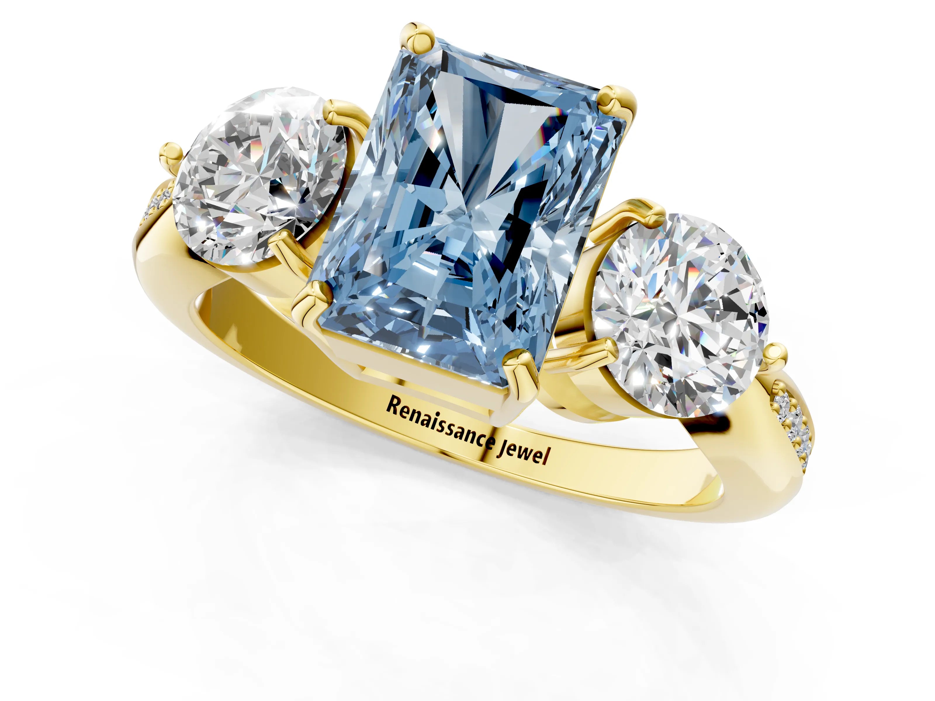 Yellow gold Three-Stone Fancy Blue Radiant Cut Diamond Channel Set Engagement Ring with Prong Setting_1