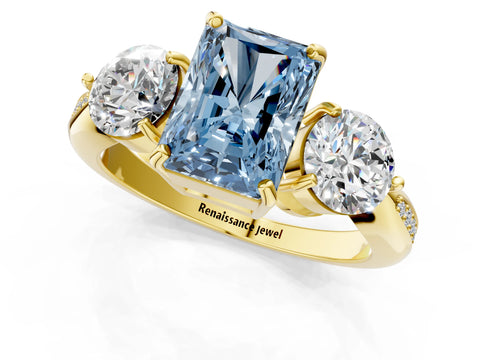 Yellow gold Three-Stone Fancy Blue Radiant Cut Diamond Channel Set Engagement Ring with Prong Setting_13