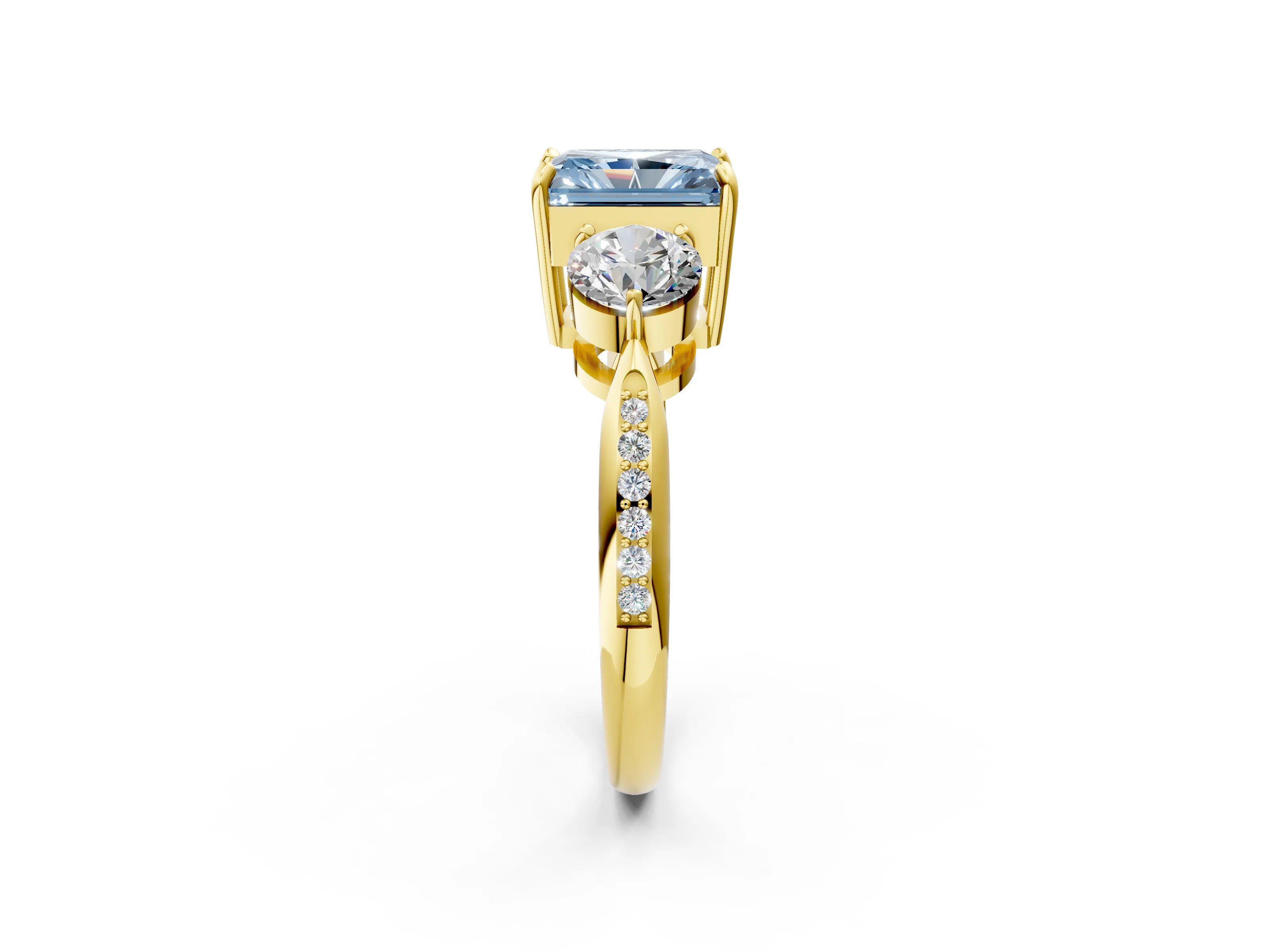 Yellow gold Three-Stone Fancy Blue Radiant Cut Diamond Channel Set Engagement Ring with Prong Setting_14