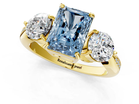 Yellow gold Three-Stone Fancy Blue Radiant Cut Diamond Channel Set Engagement Ring with Prong Setting_1