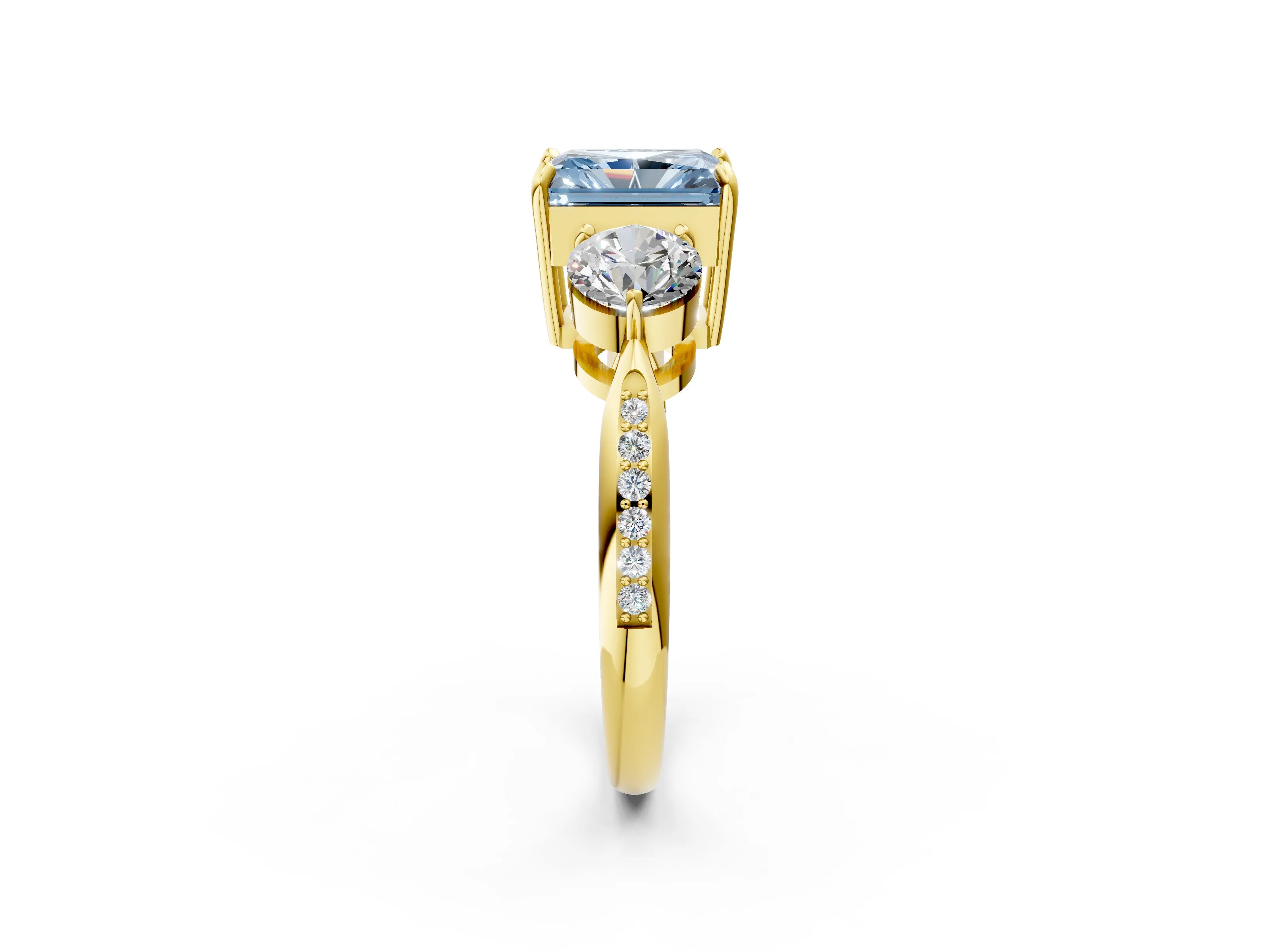Yellow gold Three-Stone Fancy Blue Radiant Cut Diamond Channel Set Engagement Ring with Prong Setting_2