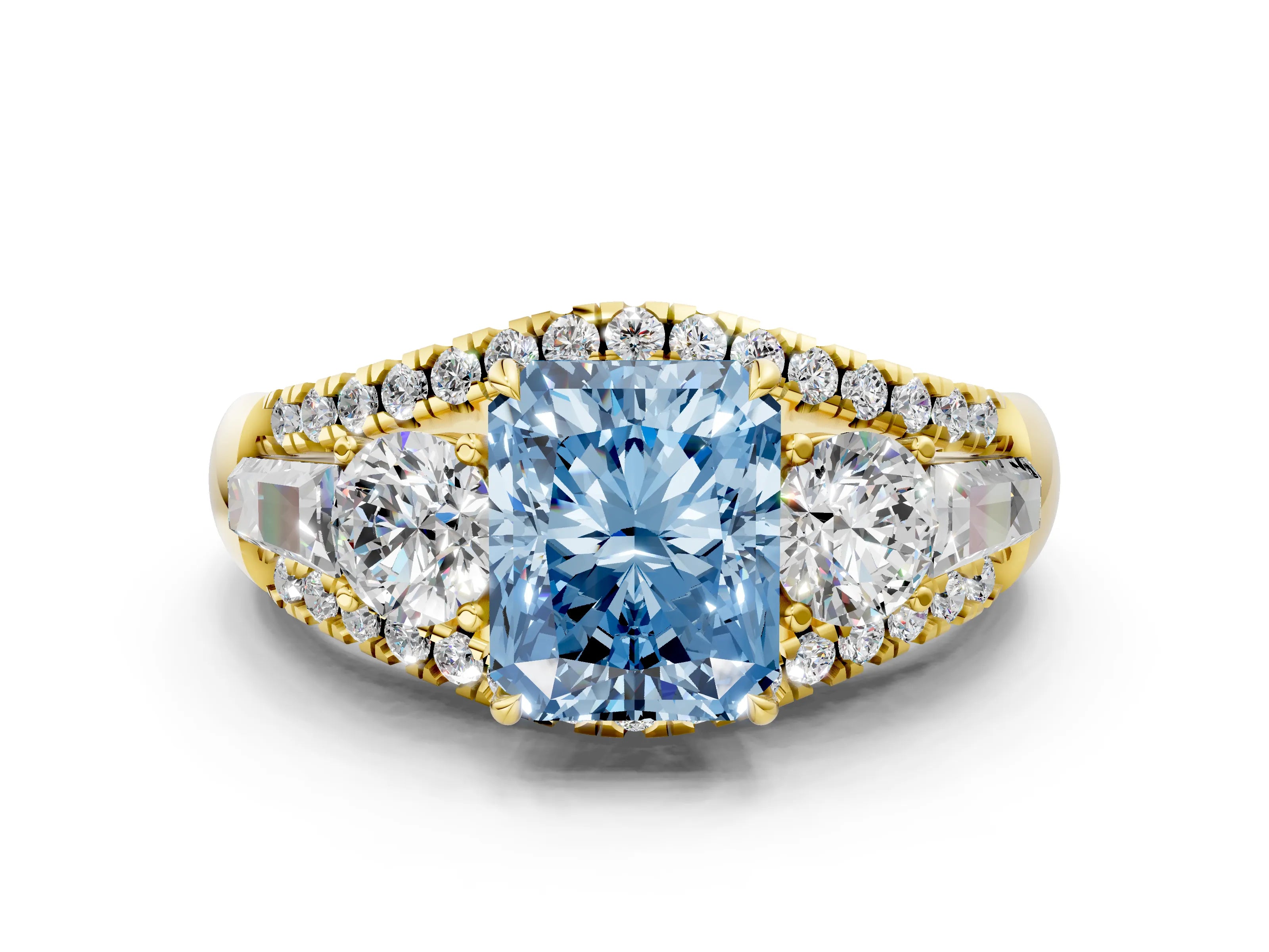 Yellow gold Three-Stone Fancy Blue Radiant Cut Diamond Engagement Ring with Pave Band and Prong Setting