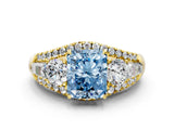 Yellow gold Three-Stone Fancy Blue Radiant Cut Diamond Engagement Ring with Pave Band and Prong Setting