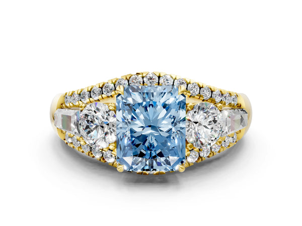 Yellow Gold Radiant Cut Five Stone Baguette Engagement Ring Setting for Fancy Blue Center