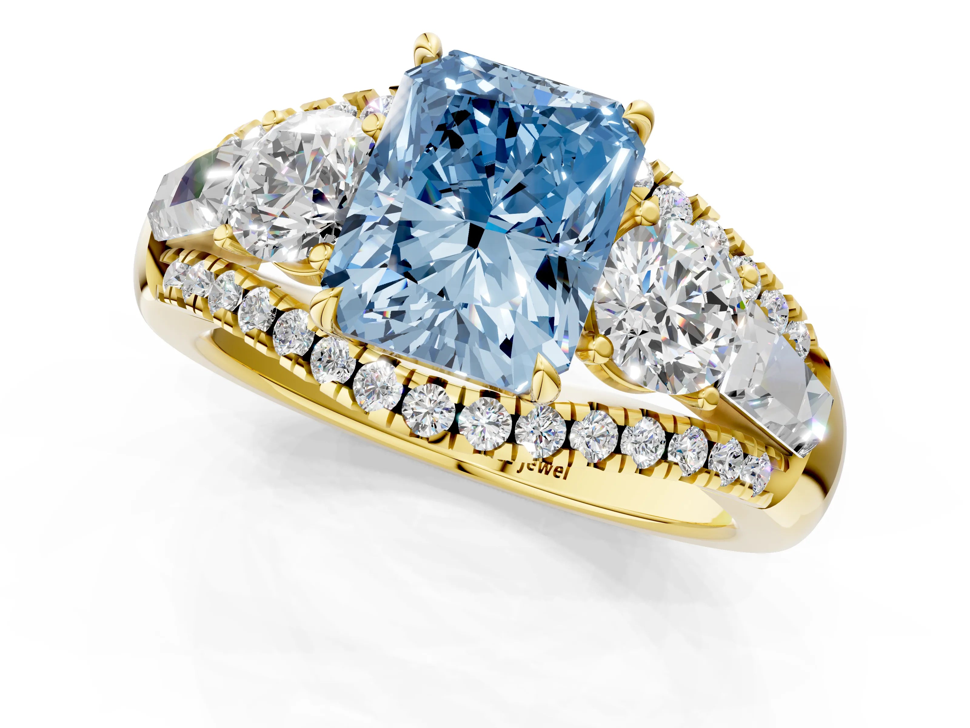 Yellow gold Three-Stone Fancy Blue Radiant Cut Diamond Engagement Ring with Pave Band and Prong Setting_1