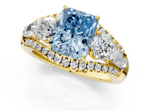 Yellow gold Three-Stone Fancy Blue Radiant Cut Diamond Engagement Ring with Pave Band and Prong Setting_1