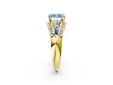 Yellow gold Three-Stone Fancy Blue Radiant Cut Diamond Engagement Ring with Pave Band and Prong Setting_2