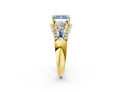 Yellow gold Three-Stone Fancy Blue Radiant Cut Diamond Engagement Ring with Pave Band and Prong Setting_2