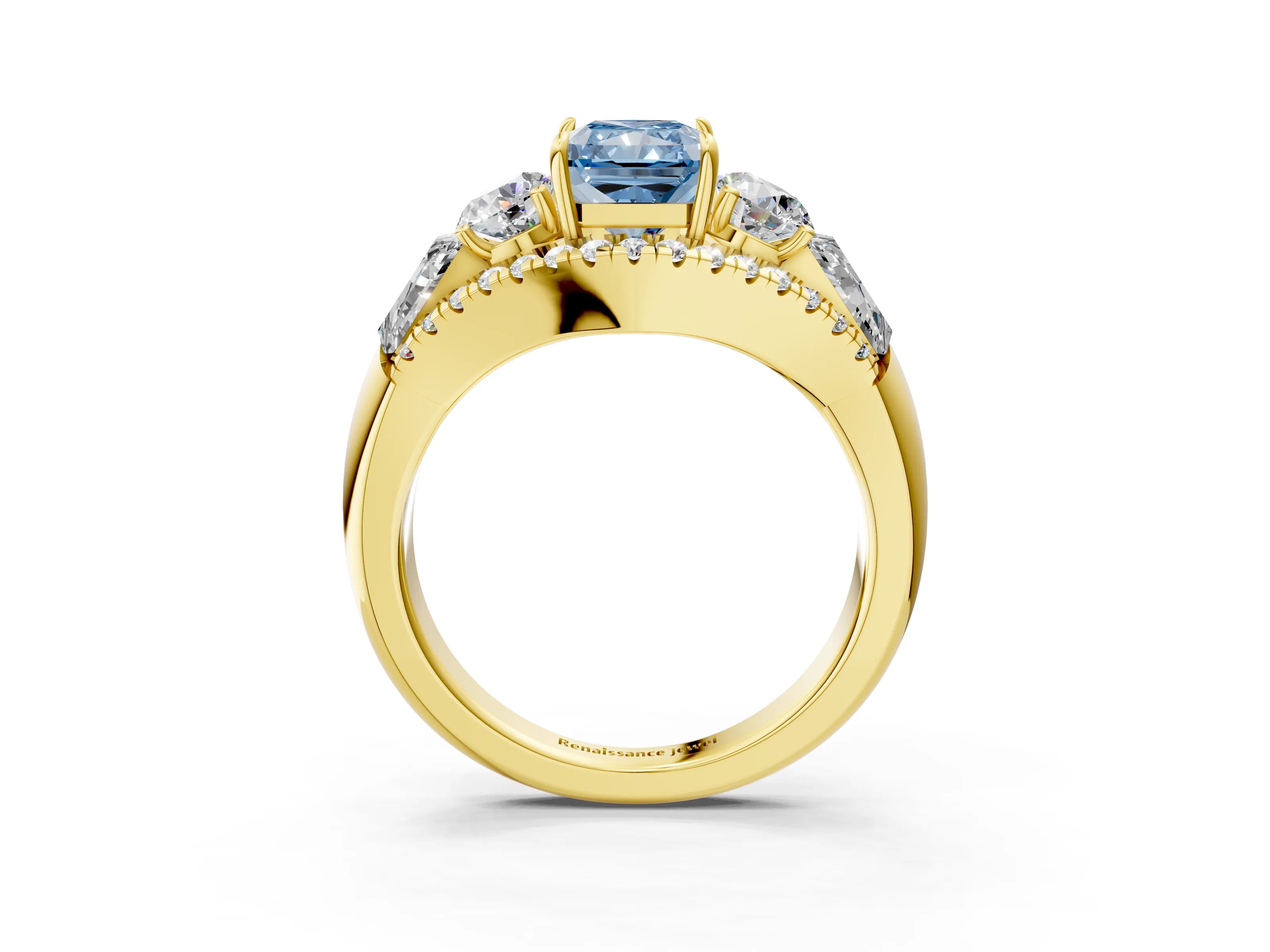 Yellow gold Three-Stone Fancy Blue Radiant Cut Diamond Engagement Ring with Pave Band and Prong Setting_3