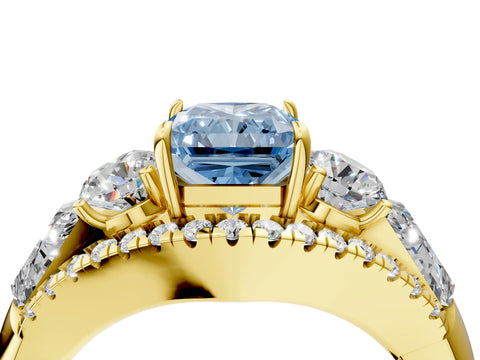 Yellow gold Three-Stone Fancy Blue Radiant Cut Diamond Engagement Ring with Pave Band and Prong Setting_4