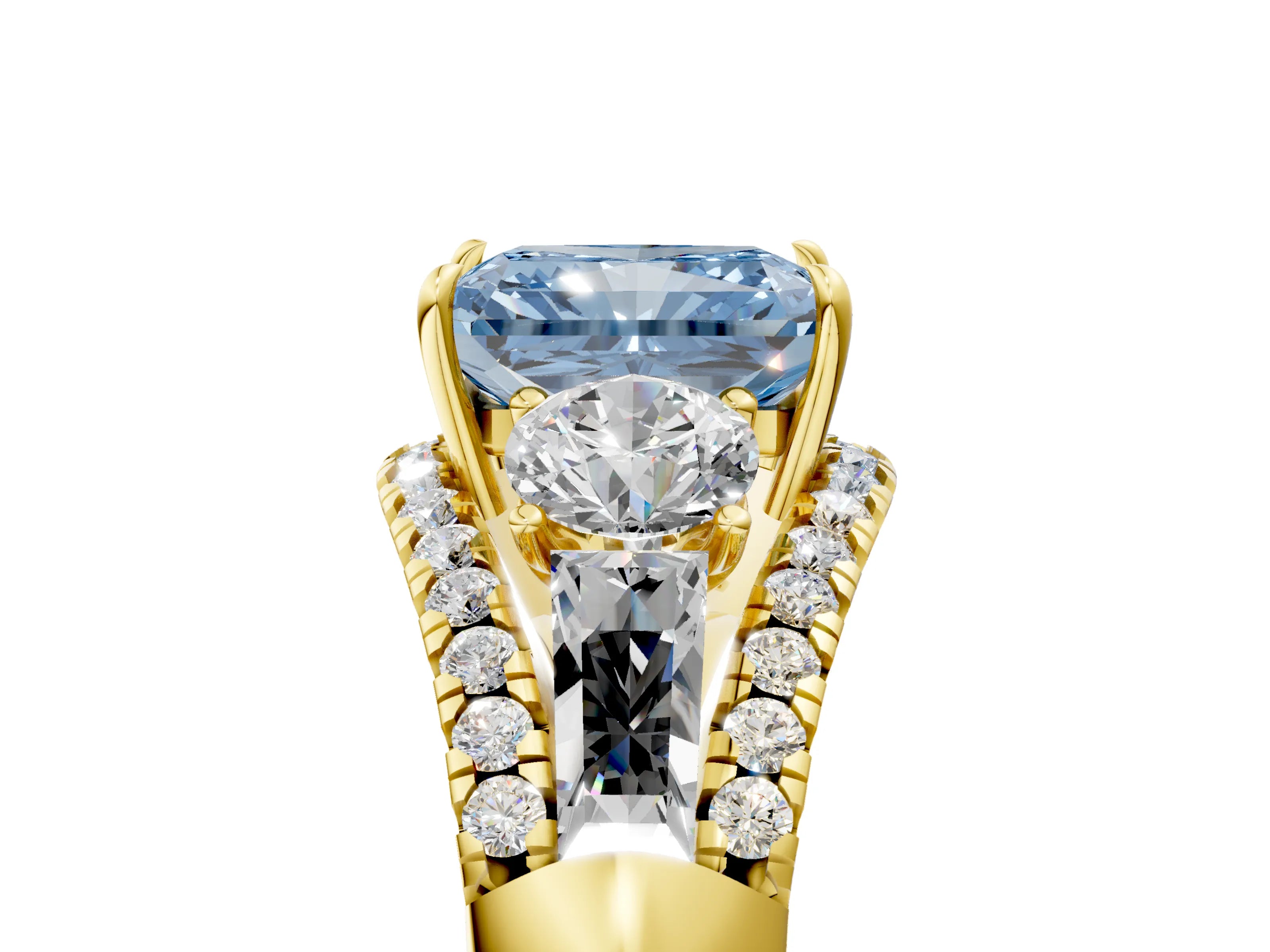 Yellow gold Three-Stone Fancy Blue Radiant Cut Diamond Engagement Ring with Pave Band and Prong Setting_5