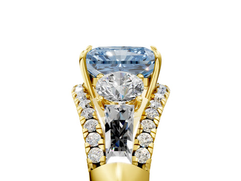 Yellow gold Three-Stone Fancy Blue Radiant Cut Diamond Engagement Ring with Pave Band and Prong Setting_5