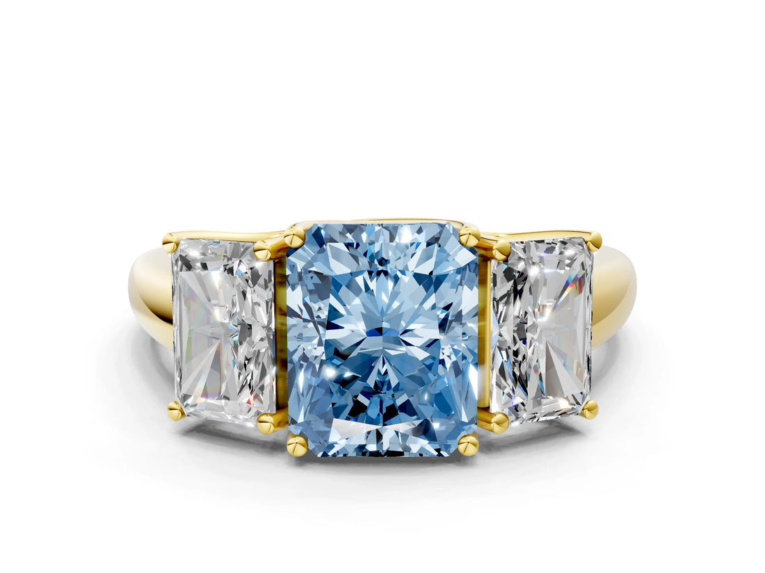 Yellow gold Three-Stone Fancy Blue Radiant Cut Diamond Engagement Ring with Prong Setting_3