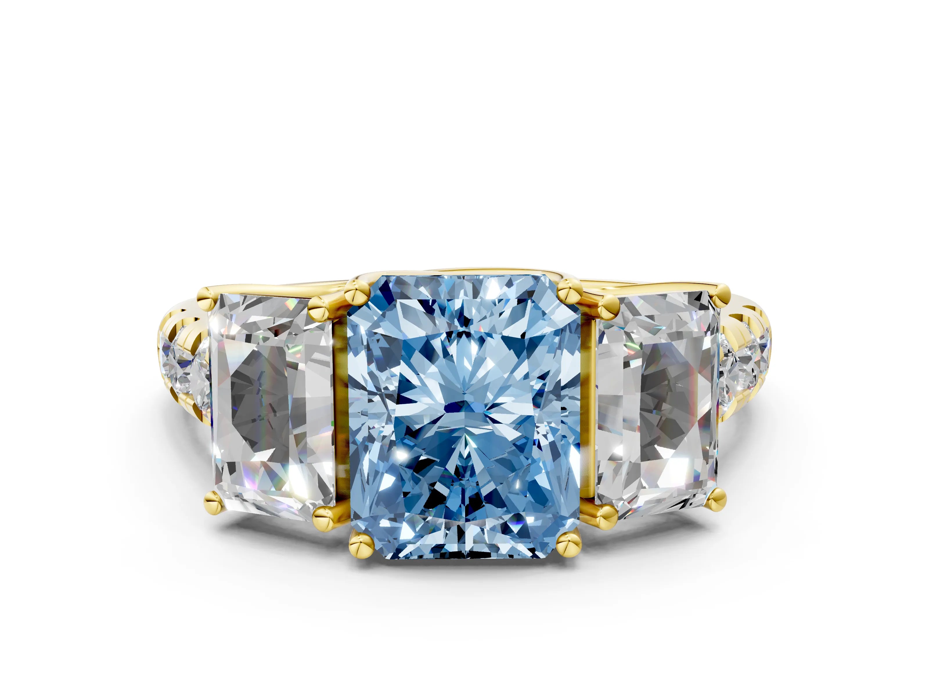 Yellow gold Three-Stone Fancy Blue Radiant Cut Diamond Pavé Band with Prong Setting