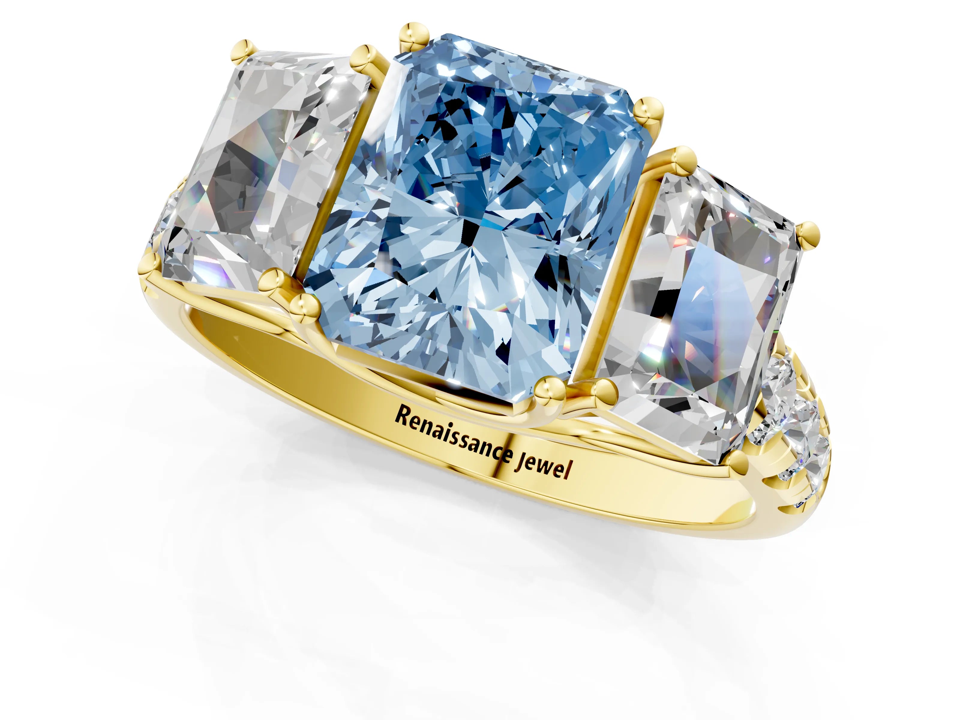 Yellow gold Three-Stone Fancy Blue Radiant Cut Diamond Pavé Band with Prong Setting_1