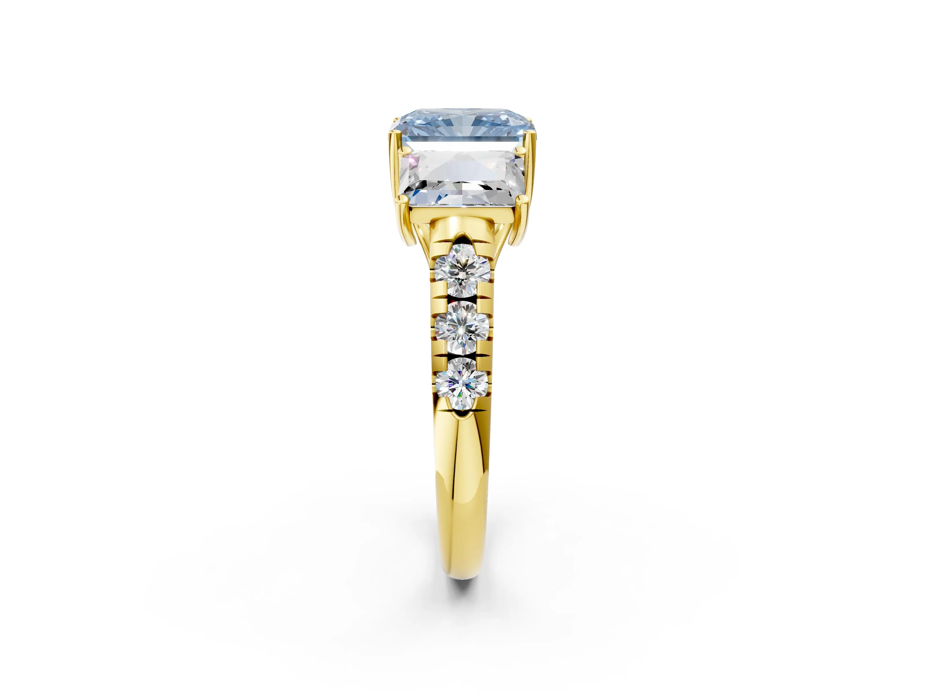 Yellow gold Three-Stone Fancy Blue Radiant Cut Diamond Pavé Band with Prong Setting_2