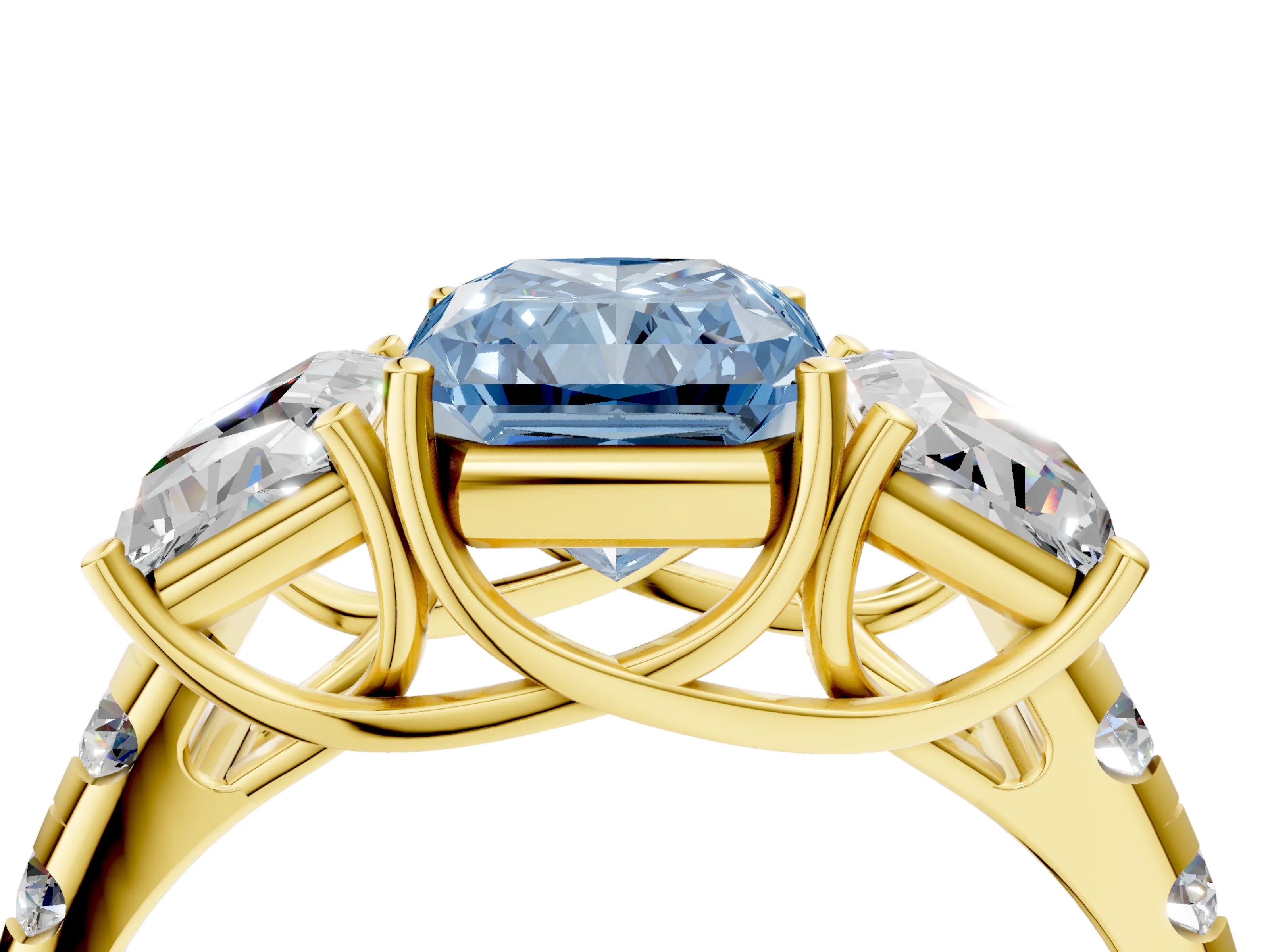 Yellow gold Three-Stone Fancy Blue Radiant Cut Diamond Pavé Band with Prong Setting_4