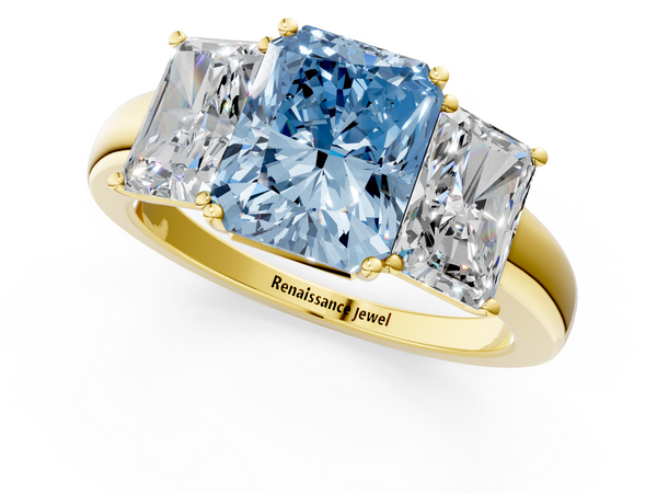 Yellow gold Fancy Blue Radiant Cut Diamond Three-Stone Ring with Four-Prong Setting and Classic Band
