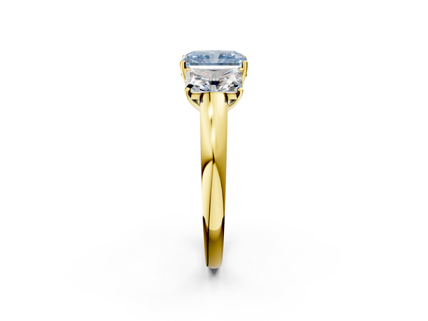 Yellow gold Fancy Blue Radiant Cut Diamond Three-Stone Ring with Four-Prong Setting and Classic Band
