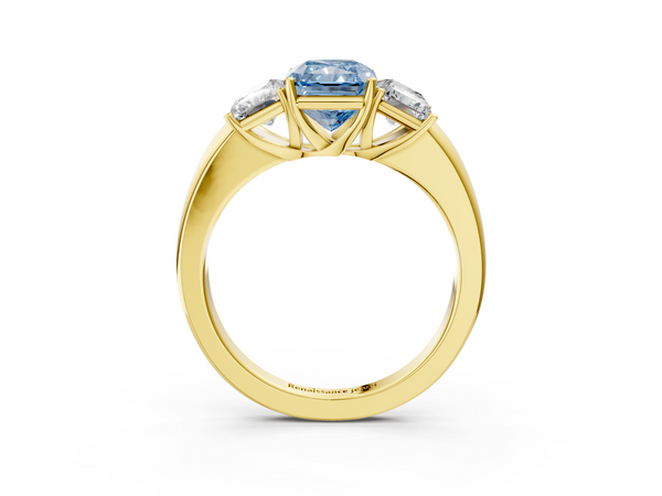 Yellow gold Fancy Blue Radiant Cut Diamond Three-Stone Ring with Four-Prong Setting and Classic Band