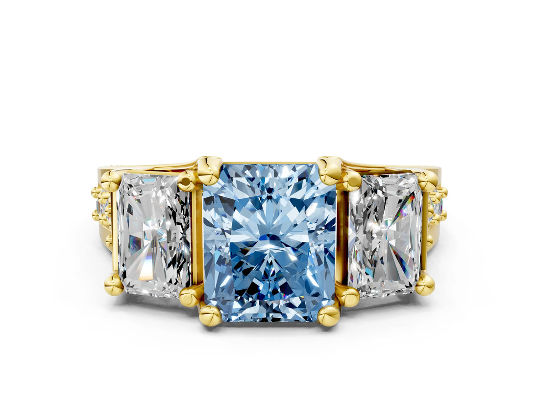 Yellow gold Three-Stone Fancy Blue Radiant  Cut Diamond Ring with Channel-Set Band and Four-Prong Setting_66