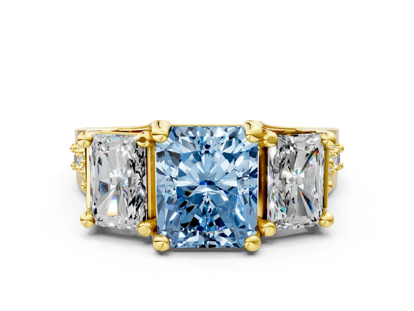 Yellow Gold Radiant Cut Three Stone Pave Engagement Ring Setting for Fancy Blue Center with Near-Equal Side Stones