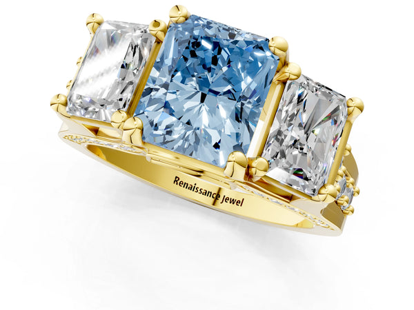 Yellow Gold Radiant Cut Three Stone Pave Engagement Ring Setting for Fancy Blue Center with Near-Equal Side Stones