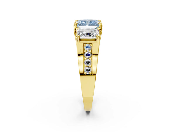 Yellow Gold Radiant Cut Three Stone Pave Engagement Ring Setting for Fancy Blue Center with Near-Equal Side Stones