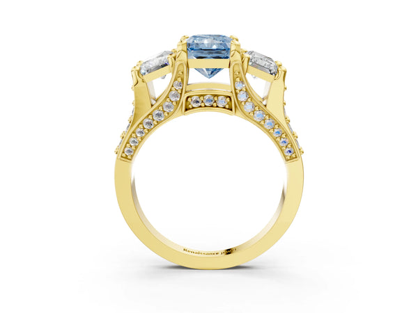 Yellow Gold Radiant Cut Three Stone Pave Engagement Ring Setting for Fancy Blue Center with Near-Equal Side Stones