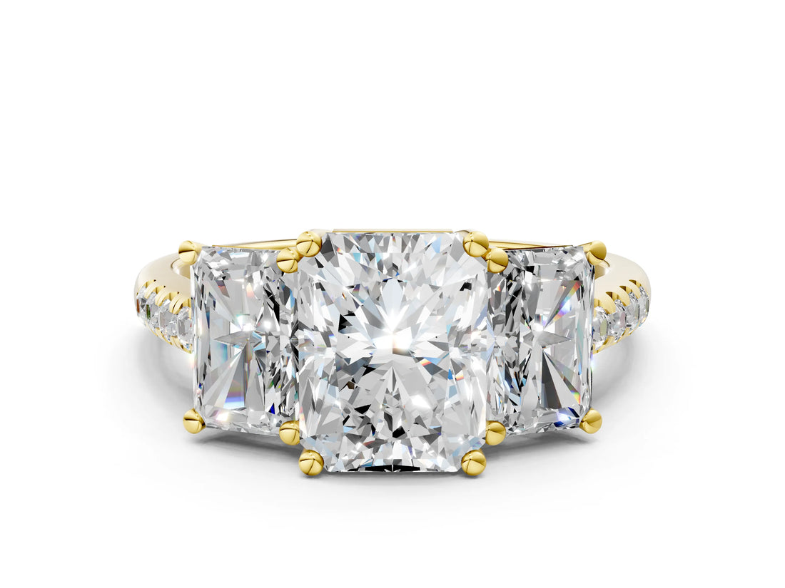 Yellow gold Three-Stone Fancy Blue Radiant Cut Diamond Ring with Pavé Band and Prong Setting_74