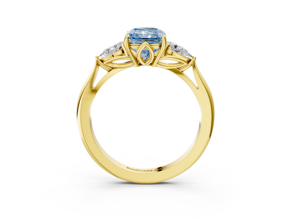 Yellow gold Three-Stone Fancy Blue Radiant  Cut Diamond Ring with Pear Side Stones in Four-Prong Setting