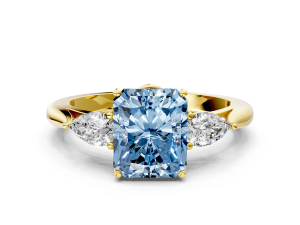 Yellow gold Three-Stone Fancy Blue Radiant Cut Diamond Ring with Pear  Side Stones in Four-Prong Setting