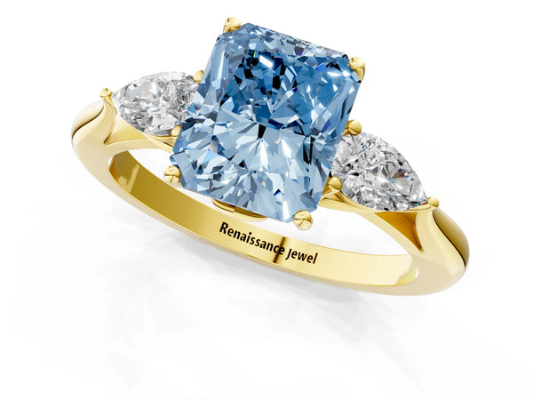 Yellow gold Three-Stone Fancy Blue Radiant Cut Diamond Ring with Pear  Side Stones in Four-Prong Setting