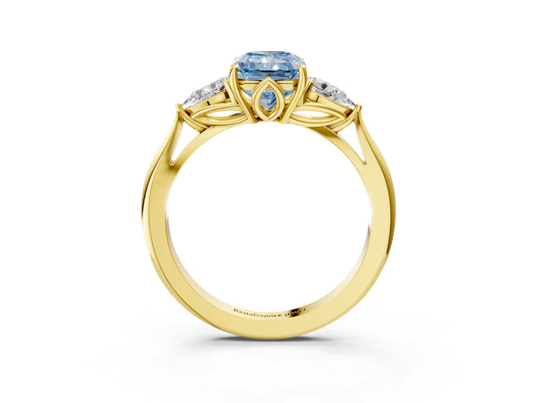 Yellow gold Three-Stone Fancy Blue Radiant Cut Diamond Ring with Pear  Side Stones in Four-Prong Setting