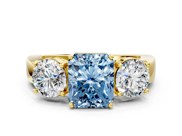 Yellow gold Three-Stone Fancy Blue Radiant Cut Diamond Ring with Round Side Stones, Classic Band, and Four-Prong Setting